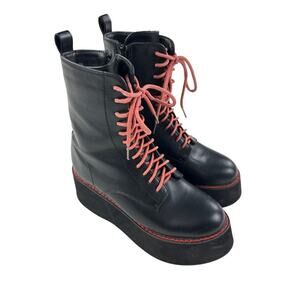 Platform Faux Leather Ankle Boots in Black with Red Stitching